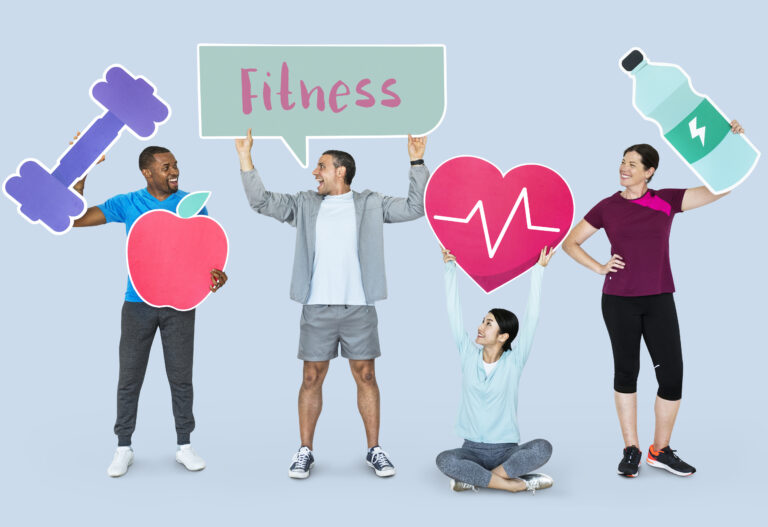 Group of diverse people holding health and fitness icons